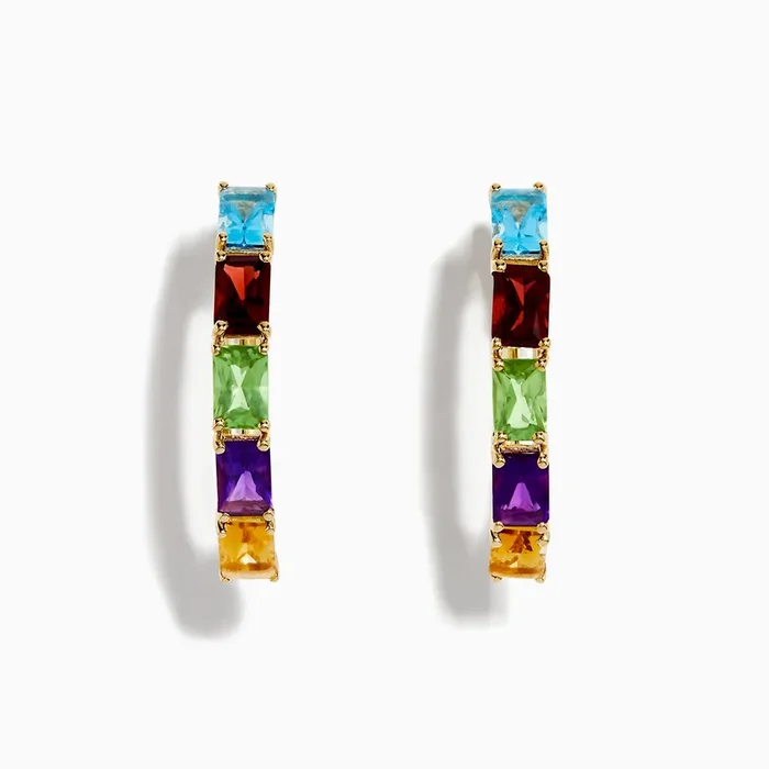 Mosaic 14K Yellow Gold Multi Color Gemstone Hoop Earrings