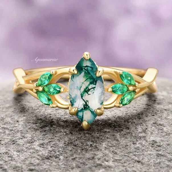 Moss Agate & Emerald Celtic Knot Ring- 14K Yellow Gold Vermeil
