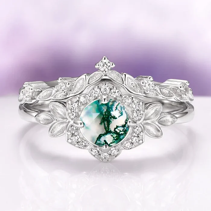 Moss Agate Fairy Leaf Ring Set in Sterling Silver