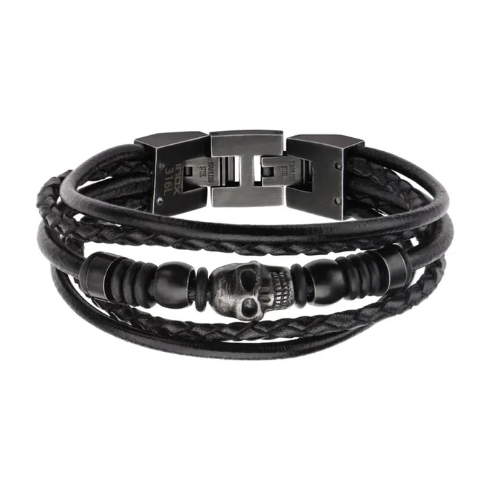 Multi Black Leather And Black Skull Beads Bracelet