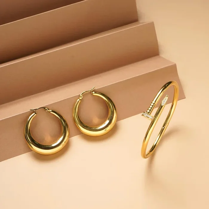 Nail Bangle Bracelet & Chic Chunky Hoop Earrings Combo Set
