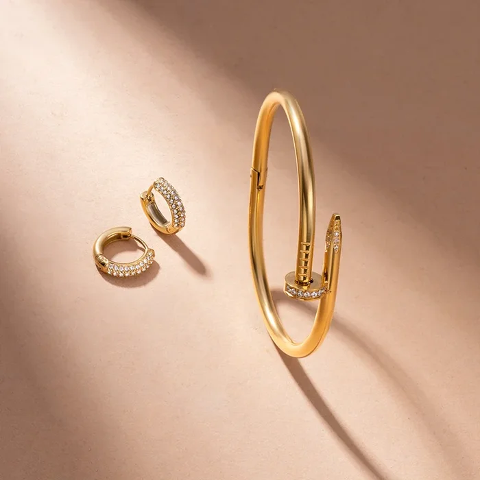 Nail Bangle Bracelet & Diamond Huggie Hoop Earrings Combo Set