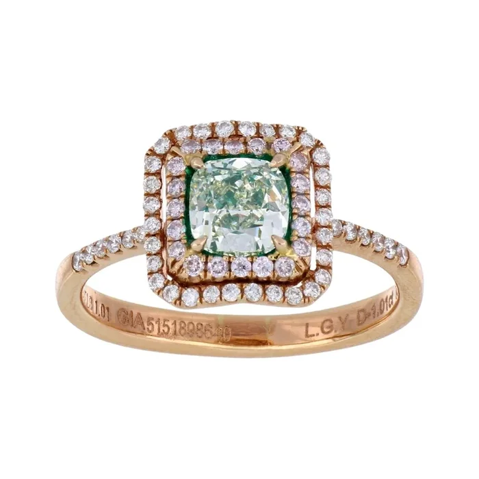 Natural Green Diamond Ring (Natural Green Diamond 1.01 cts. LGY SI1 White Diamond 0.2 cts. Pink Diamond 0.13 cts.)