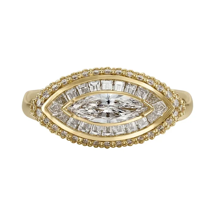Navette Marquise Diamond Halo Ring with Pave Detailing