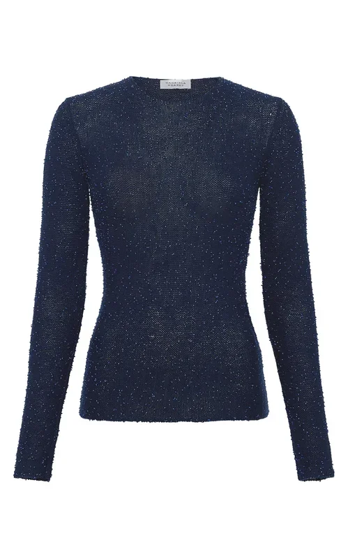 Nello Knit Sweater in Electric Navy Beaded Cashmere Silk