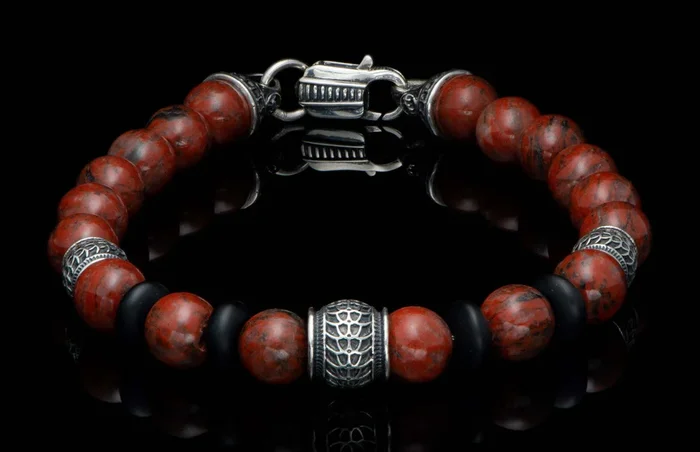 Newport – Red Jasper Beaded bracelet with Sterling silver andRed Sesame Jasper