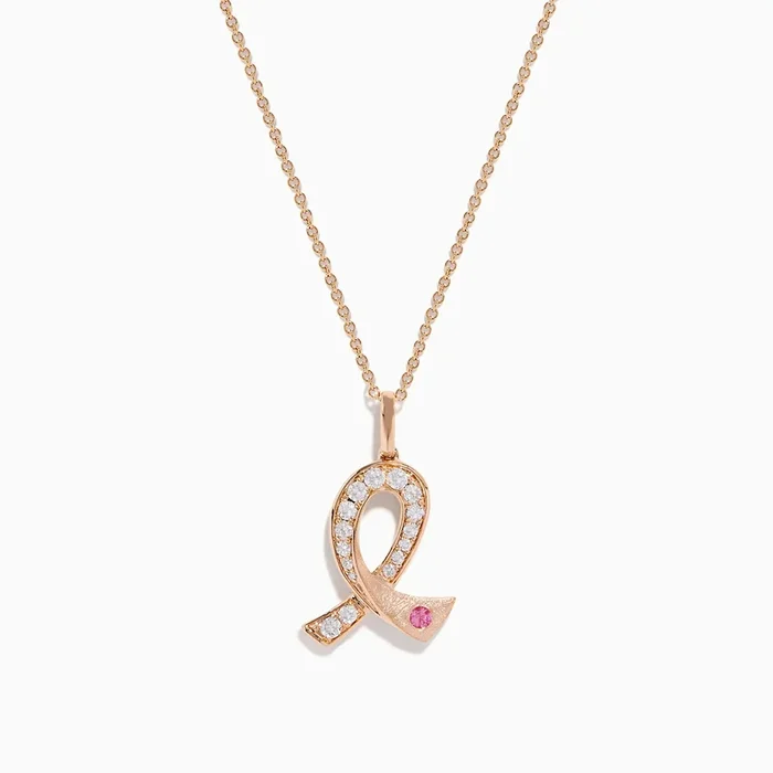 Novelty 14K Rose Gold Pink Sapphire & Diamond Pink Ribbon Pendant