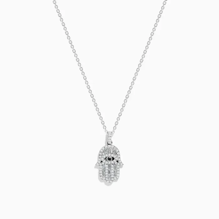 Novelty 14K White Gold Black and White Diamond Hamsa Pendant