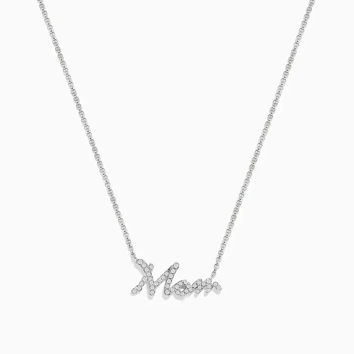 Novelty 14K White Gold Diamond ‘Mom’ Necklace