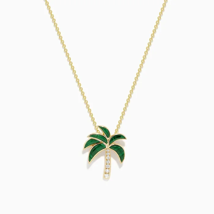 Novelty 14K Yellow Gold Malachite and Diamond Palm Tree Pendant
