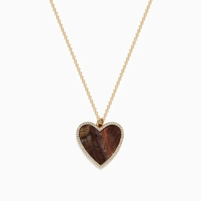 Novelty 14K Yellow Gold Mother of Pearl and Diamond Heart Pendant