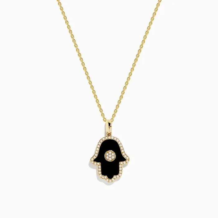 Novelty 14K Yellow Gold Onyx and Diamond Hamsa Pendant