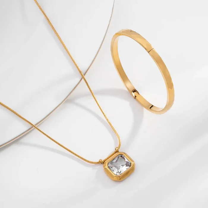 Octagon Diamond Necklace & Gilded Haze Bangle Bracelet Combo Set
