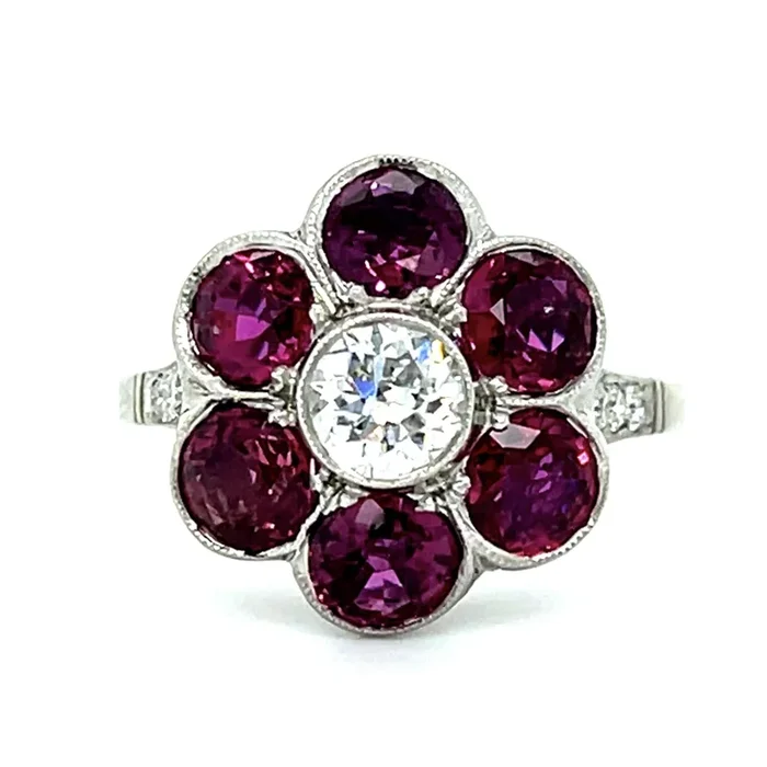 Old European Cut Diamond Ruby Flower Ring