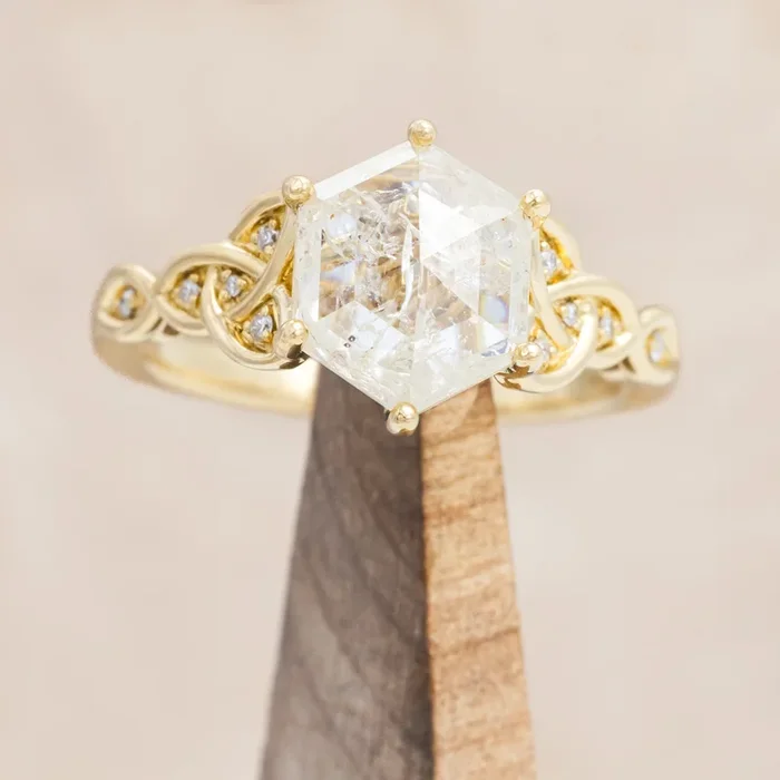ONE-OF-A-KIND – “AIFE” – CELTIC KNOT ENGAGEMENT RING WITH A 2.295CT HEXAGON ROSE CUT ICY SALT & PEPPER DIAMOND