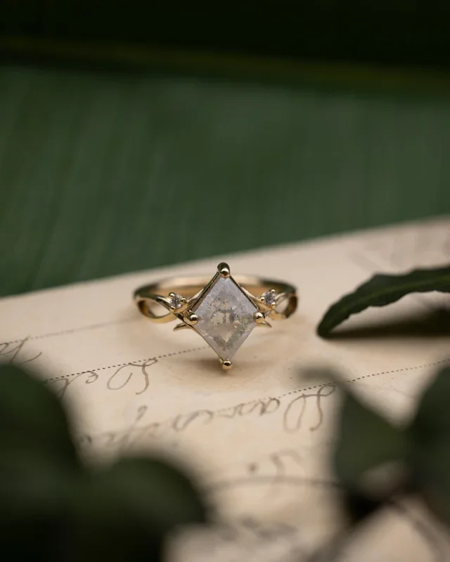 ONE-OF-A-KIND – “TRISTAN” – HEXAGON CUT ICY SALT & PEPPER DIAMOND ENGAGEMENT RING WITH DIAMOND ACCENTS & BRANCH-STYLE BAND