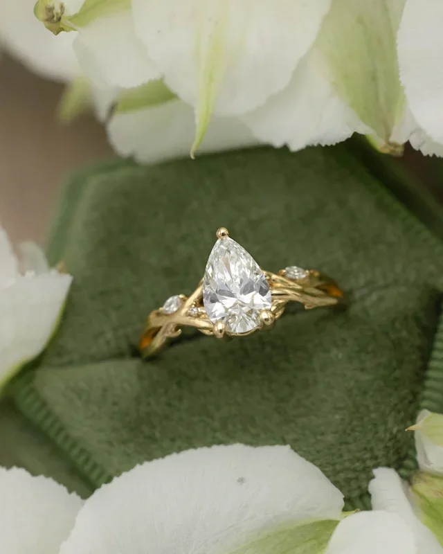 ONE-OF-A-KIND – “TRISTAN” – PEAR CUT LAB-GROWN DIAMOND ENGAGEMENT RING WITH DIAMOND ACCENTS & BRANCH-STYLE BAND
