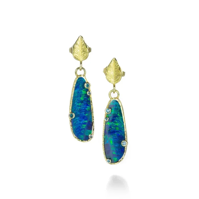 Opal Drop Earrings with Leaf Tops