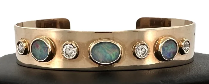 Opal Triplet and 1ctw Round Brilliant Natural Diamond Cuff Bracelet in 18kt Yellow Gold