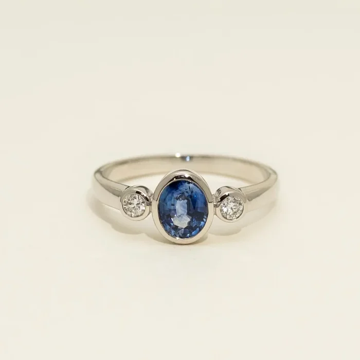 Oval Ceylon Sapphire Bezel Ring in 14kt White Gold with Diamonds (1/10ct tw)