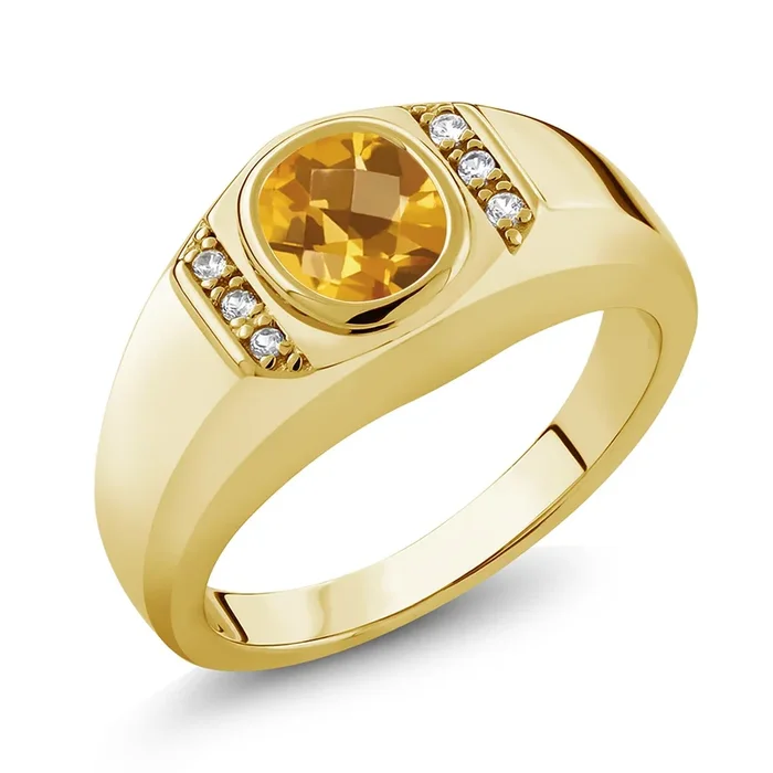 Oval Checkerboard Yellow Citrine White Created Sapphire 18K Yellow Gold Plated Silver Men’s Ring 1.31 Ct