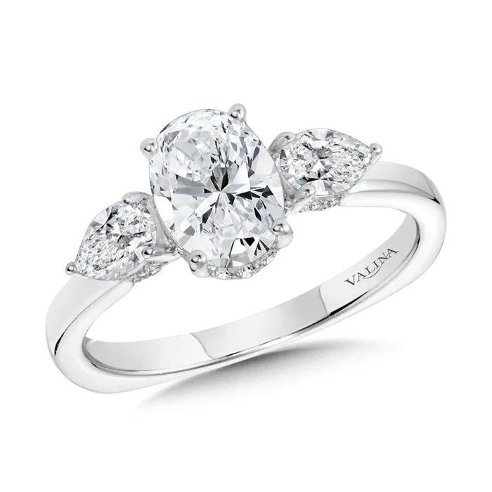 Oval-Cut & Pear-Accented 3-Stone Hidden Halo Engagement Ring w/ Diamond Arch Undergallery