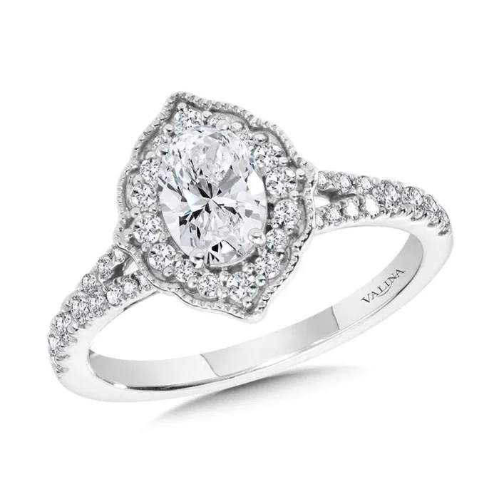Oval-Cut Diamond & Vintage Milgrain-Beaded Halo, Split Shank Engagement Ring