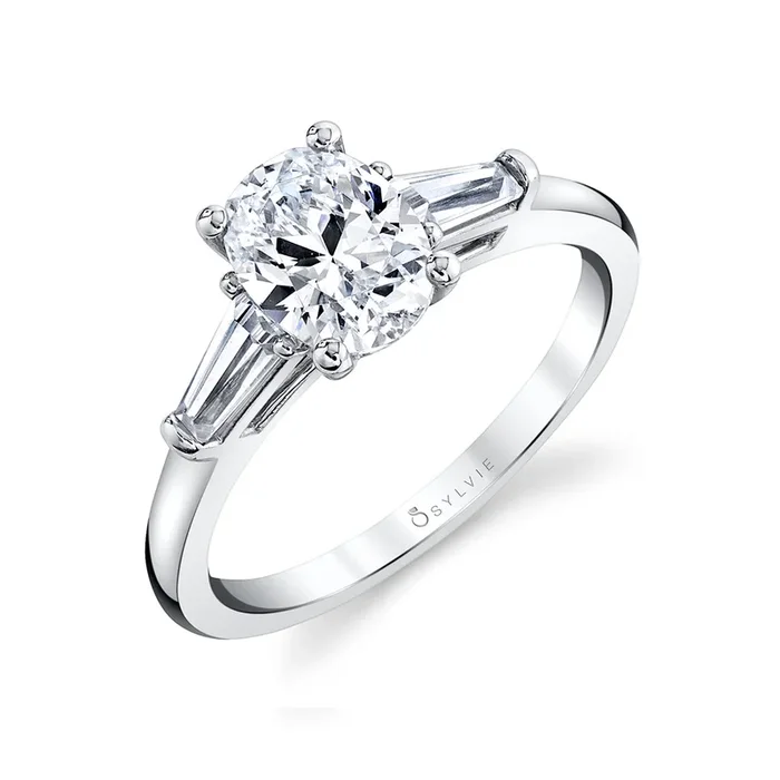 Oval Cut Three Stone Engagement Ring with Baguettes – Nicolette