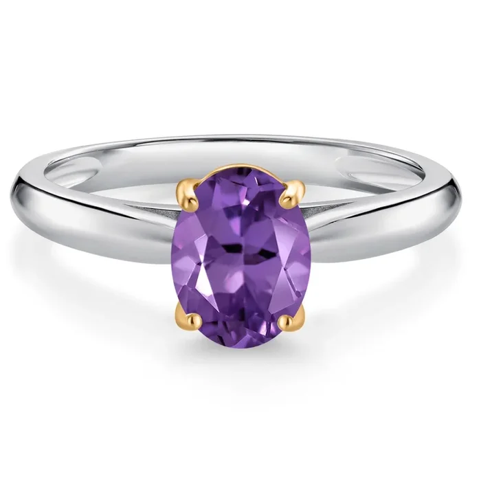 Oval Gemstone Birthstone Solitaire Engagement Ring For Women | 925 Sterling Silver and 10K Yellow Gold | Oval 8X6MM | Available In Size 5, 6, 7, 8, 9