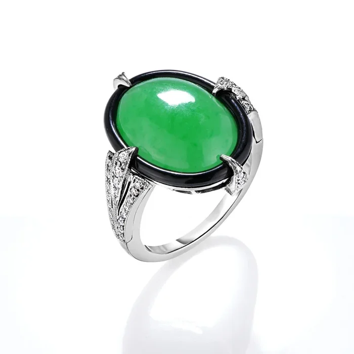 Oval Green Jade, Black Enamel & Diamond Ring