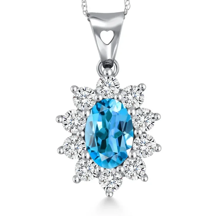 Oval Halo Pendant Necklace for Women | 10K White Gold | Gemstone Birthstone and White Created Sapphire | Oval 7X5MM | White Gold Necklace | With 18 Inch Chain