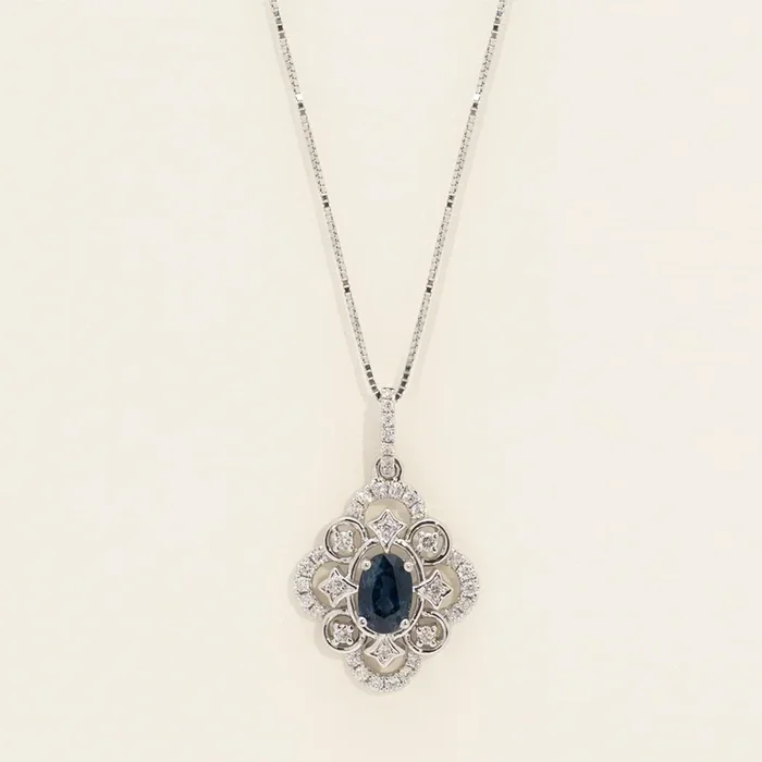 Oval Montana Sapphire Necklace in 14kt White Gold with Diamonds (1/5ct tw)