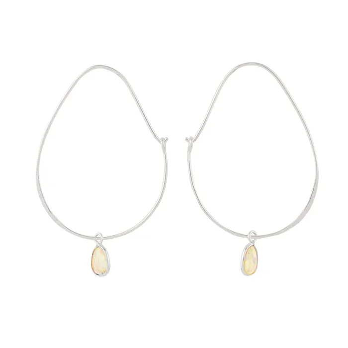 Oval Opal Hoops in Silver – 2 1/8″ L