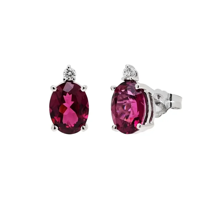 Oval Rhodolite Garnet Stud Earrings in 14kt White Gold with Diamonds (1/20ct tw)