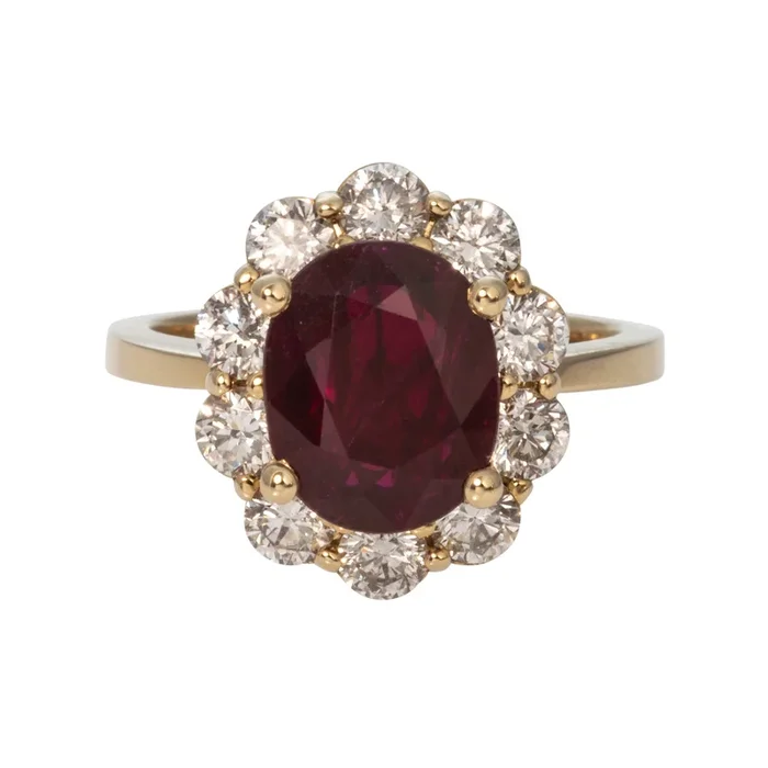 Oval Ruby & Diamond Cluster 14K Yellow Gold Ring
