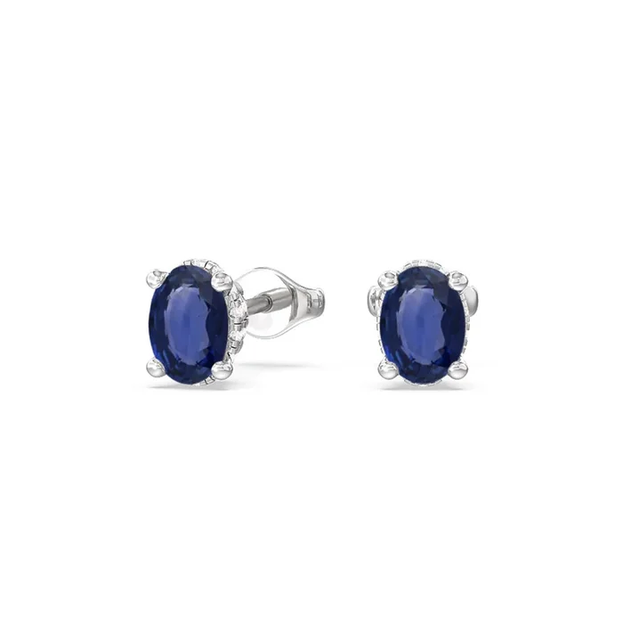 Oval Sapphire and Lab Diamond Classic Solitaire Under-Halo Earrings
