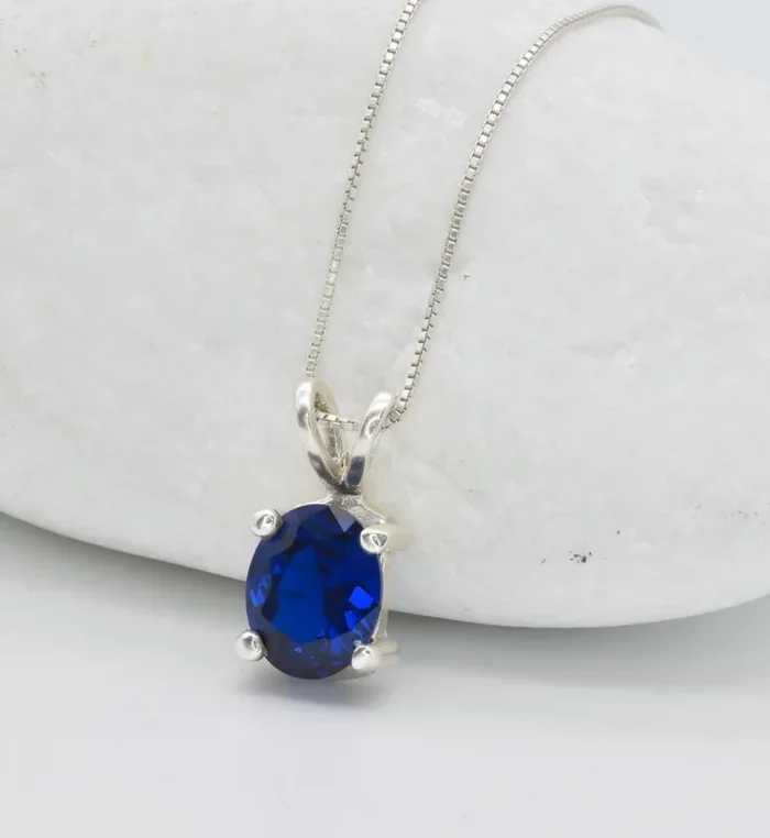 Oval Sapphire Pendant in Silver, Solitaire Blue Sapphire Necklace, September Birthstone Necklace