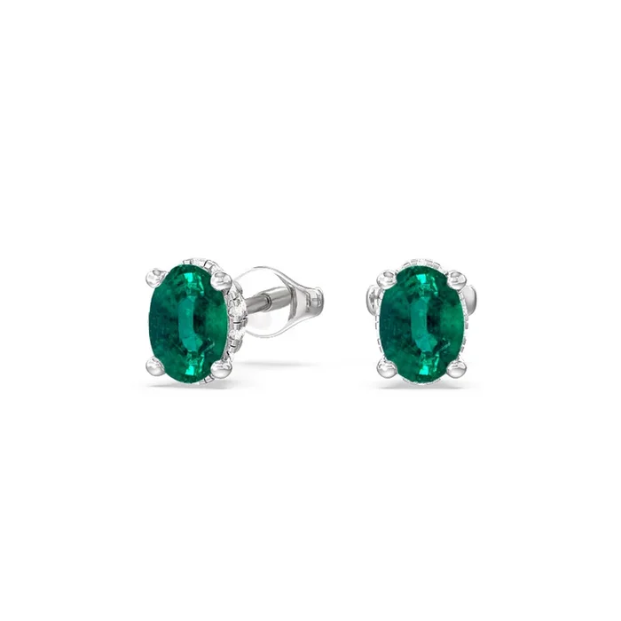 Oval Shape Emerald and Lab Diamond Classic Solitaire Under-Halo Earrings