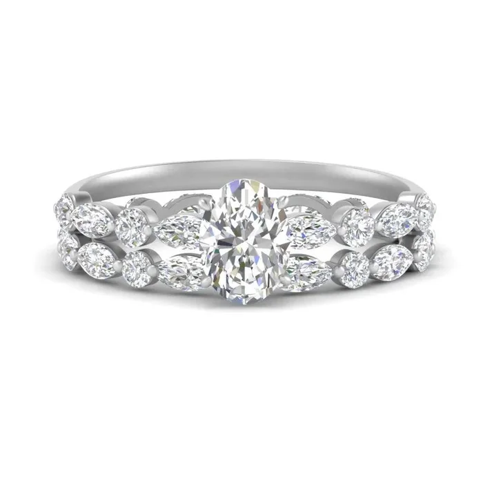 Oval Shaped Floating Marquise Accent Ring With Eternity Wedding Band