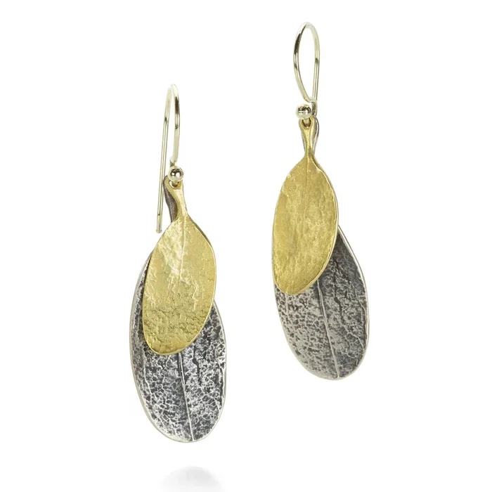 Oxidized Silver and Gold Double Leaf Earrings