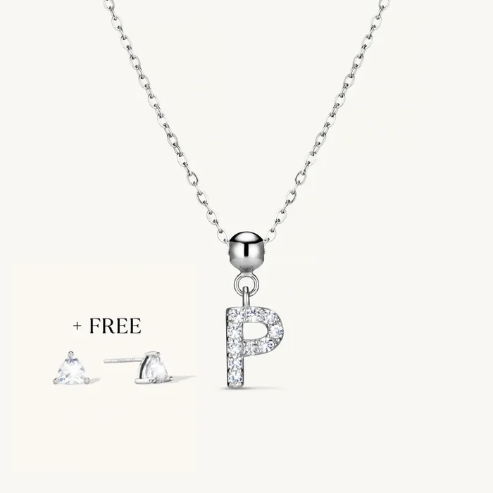 P Diamond Initial Charm Necklace + FREE Diamond Trio Studs Silver