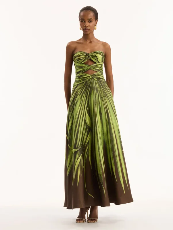 Palm Leaves Silk Twill Cocktail Dress