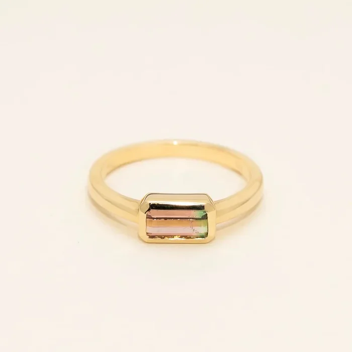 Parlé Emerald Cut Bicolor Tourmaline Bezel Ring in 14kt Yellow Gold