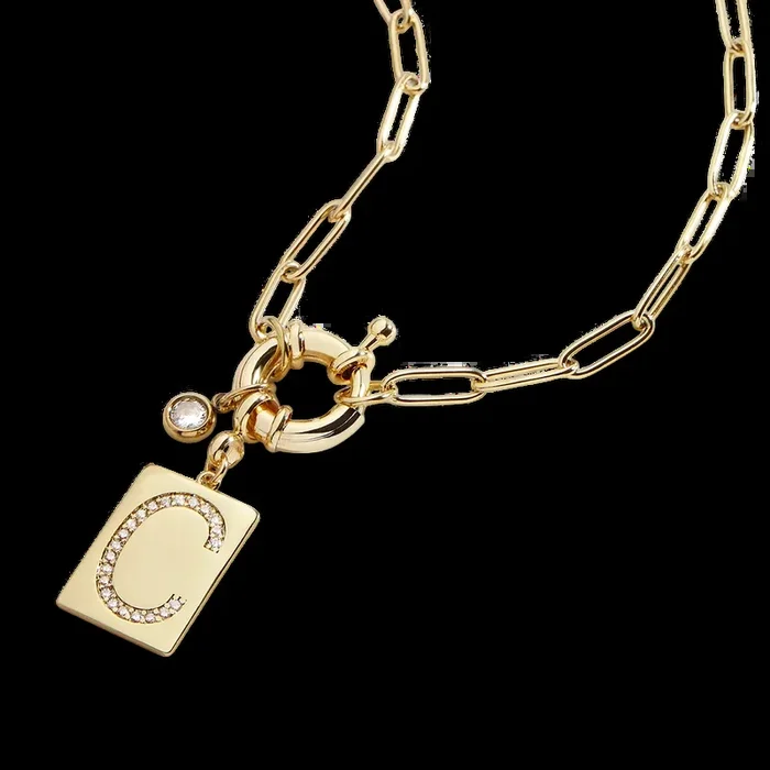 Pave Initial Pendant Necklace with Paperclip Chain