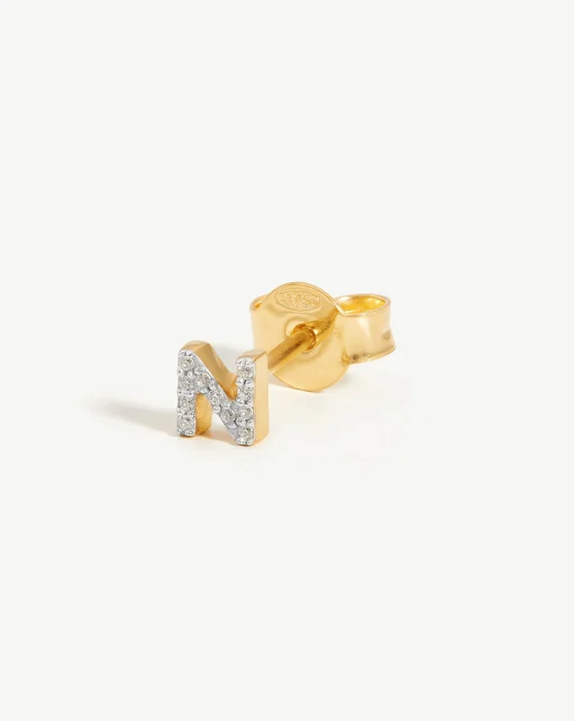 Pave Initial Single Stud Earring – Initial N | 18k Gold Vermeil/Cubic Zirconia