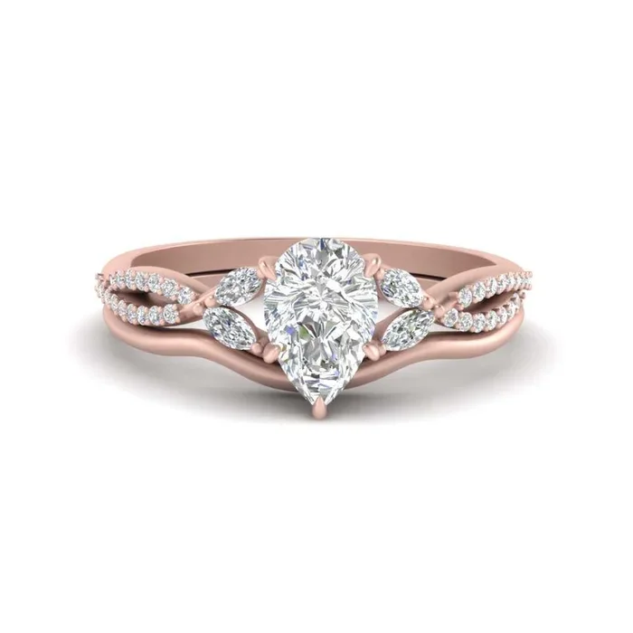 Pear Lab Grown Diamond Twisted Vine Pavé Wedding Ring Set