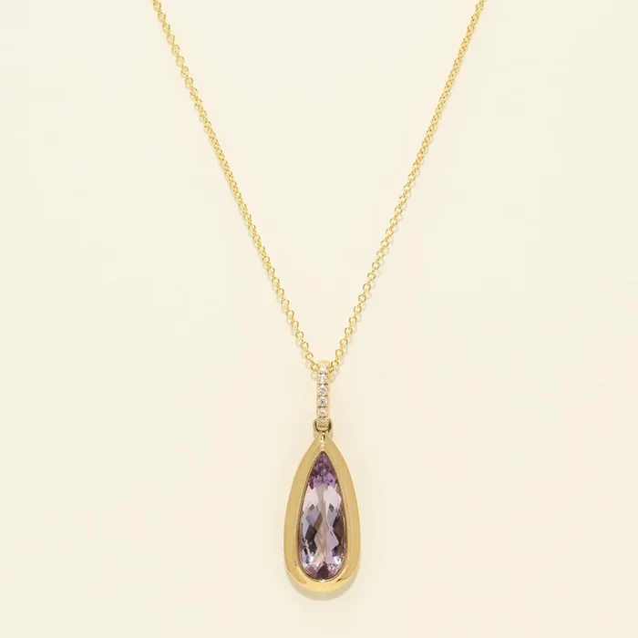 Pear Shape Amethyst Bezel Necklace in 14kt Yellow Gold with Diamonds (1/20ct tw)