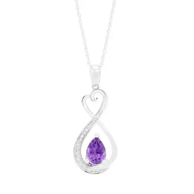 Pear Shape Amethyst Infinity Heart Necklace in 10kt White Gold with Diamonds (1/20ct tw)