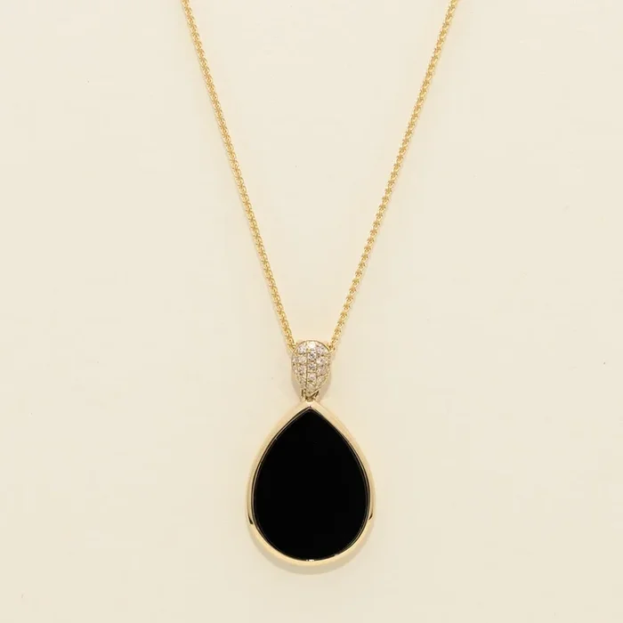 Pear Shape Black Onyx Necklace in 14kt Yellow Gold With Diamonds (1/10ct tw)