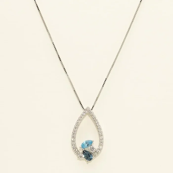 Pear Shape London Blue Topaz and Marquise Blue Topaz Necklace in 14kt White Gold with Diamonds (1/4ct tw)